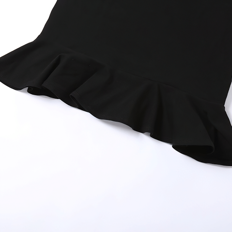 Close-up of the ruffled hem of a black strap A-line short dress, showcasing its stylish and elegant design.