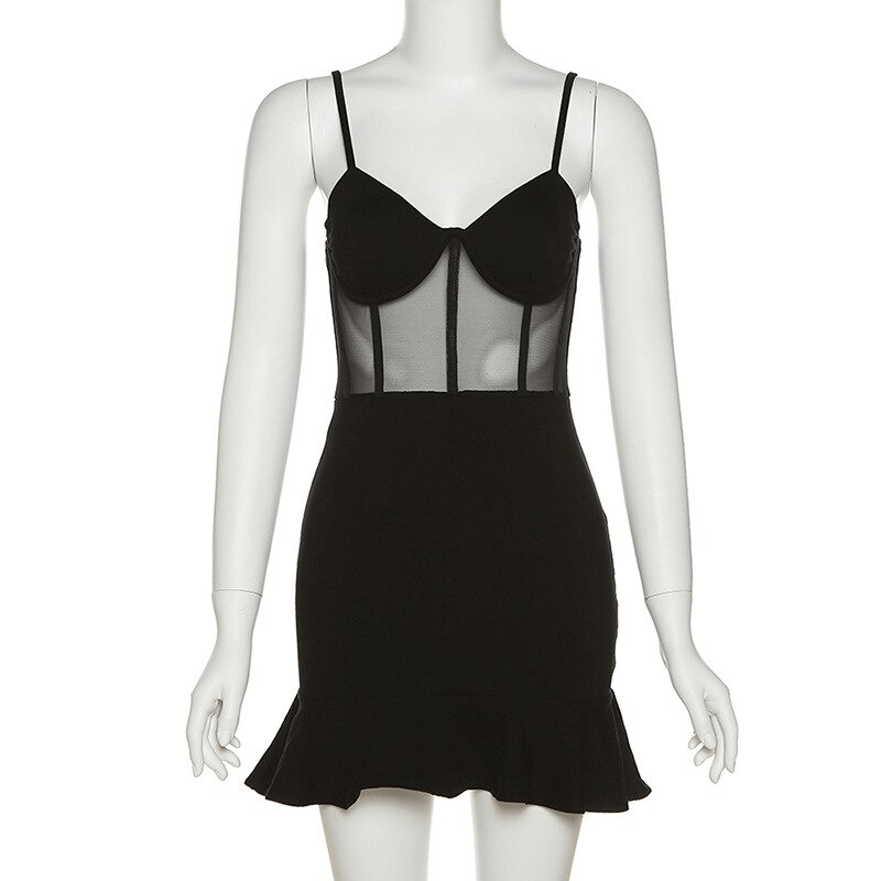 Elegant women's black strap A-line short dress with daring mesh details and flirty ruffle hem for casual glamour.
