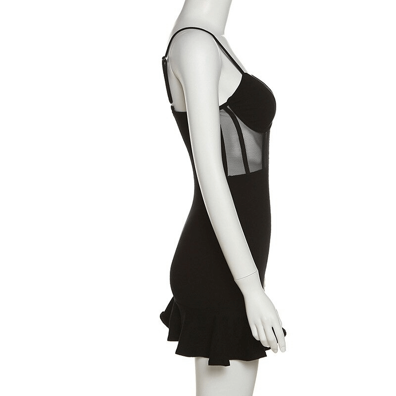 Side view of a women's black strap A-line short dress, featuring a flattering fit and ruffled hem, perfect for casual outings.