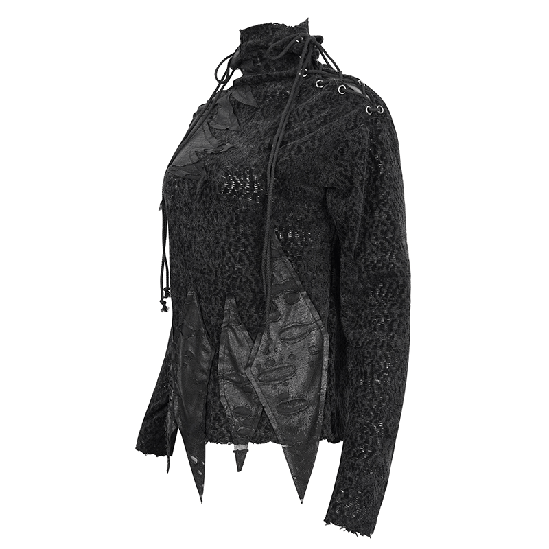 Women's Gothic style ripped turtleneck sweatshirt with unique design and modern cut for alternative fashion lovers.