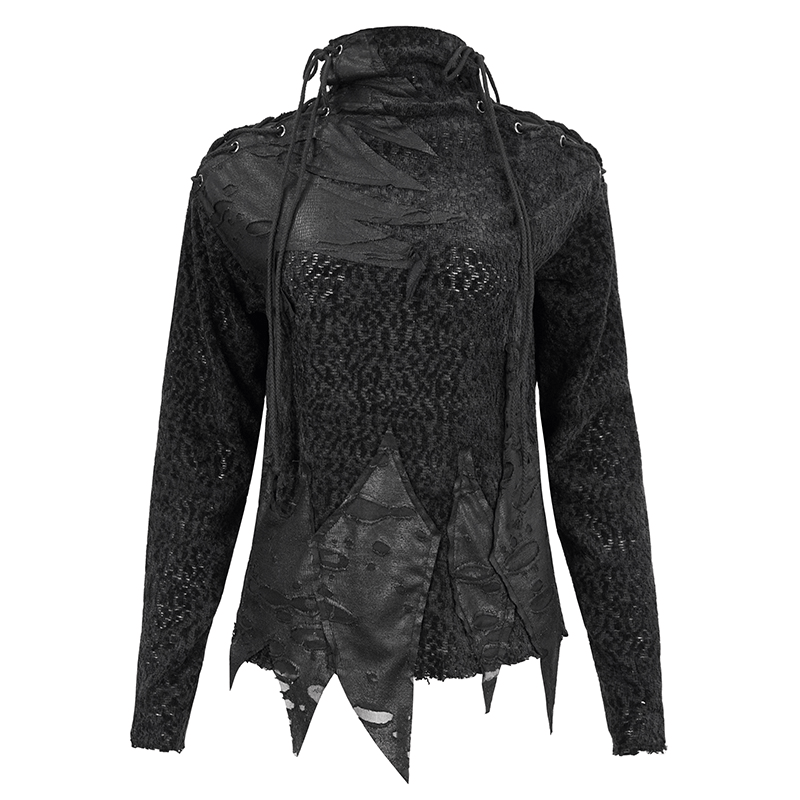 Women's gothic strappy turtleneck sweatshirt featuring a unique ripped design and modern cut.