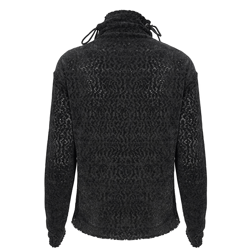 Back view of a women's black ripped turtleneck sweatshirt featuring a gothic design and a modern cut.