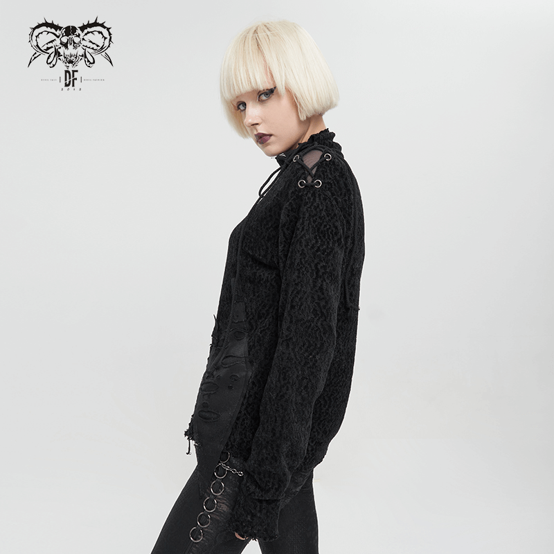 Women's Strappy Turtleneck Ripped Sweatshirt in Gothic Style / Alternative Fashion Clothing