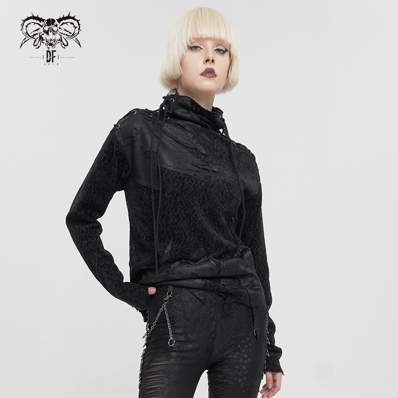 Women's gothic style turtleneck sweatshirt with ripped design, perfect for alternative fashion lovers.