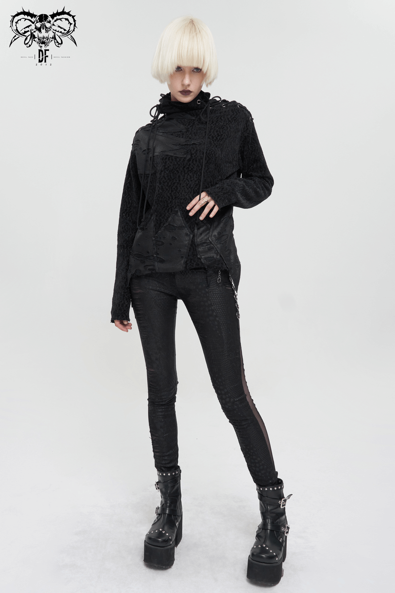 Women's Strappy Turtleneck Ripped Sweatshirt in Gothic Style / Alternative Fashion Clothing