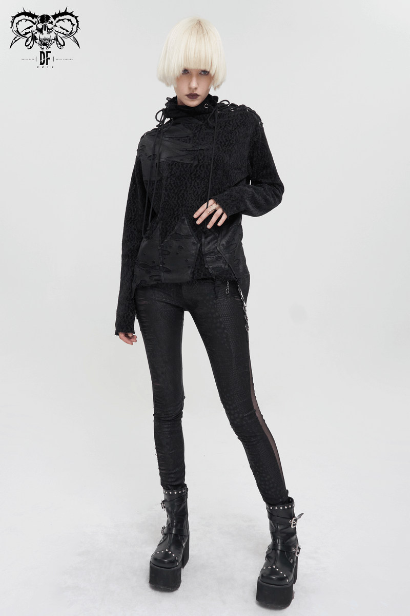 Model showcasing a stylish women's gothic turtleneck sweatshirt paired with sleek black leggings and chunky platform boots.