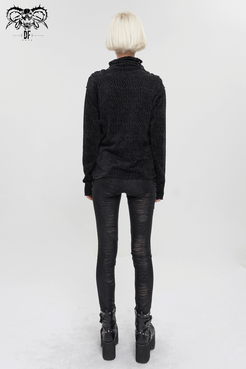 Back view of women's gothic style ripped turtleneck sweatshirt, paired with stylish black leggings.