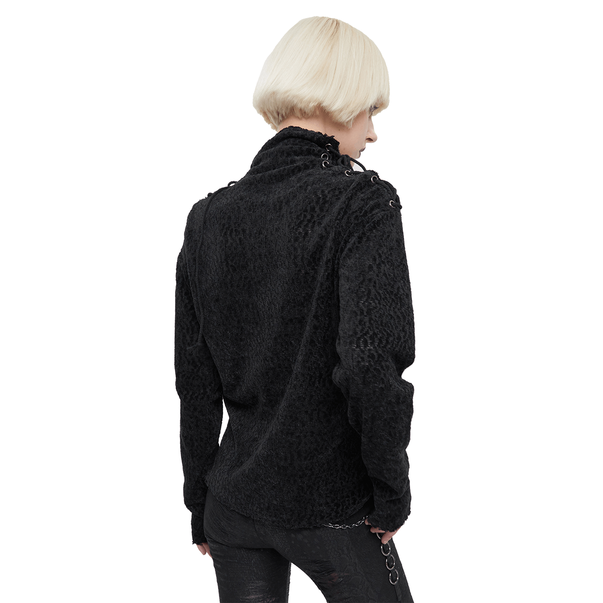 Back view of a women's ripped turtleneck sweatshirt in gothic style, showcasing a modern cut and unique design.