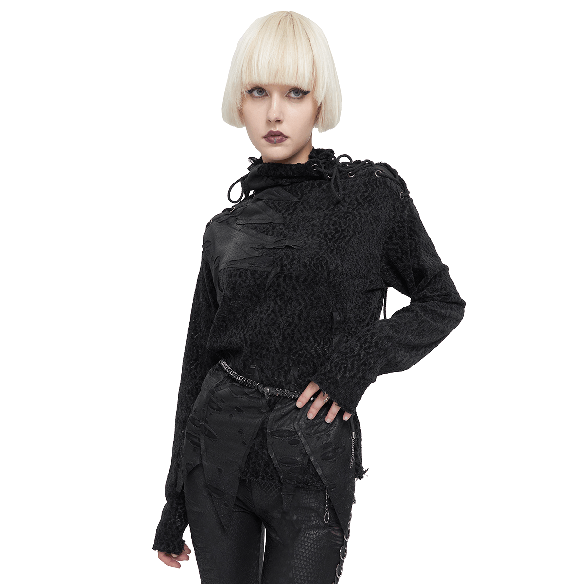 Stylish woman wearing a women's strappy turtleneck ripped sweatshirt in gothic style, showcasing alternative fashion.
