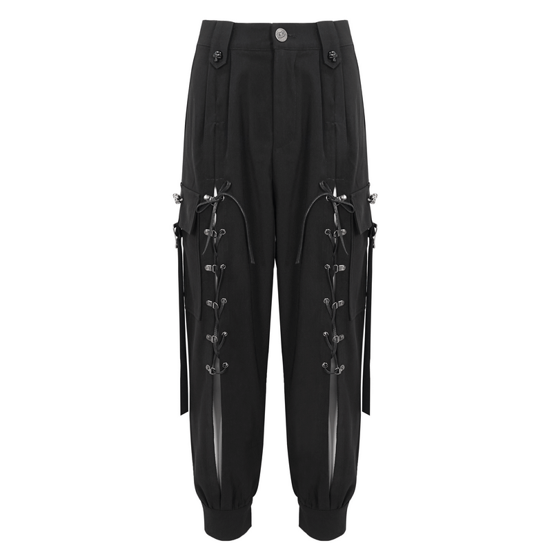 Women's black punk jogger pants with big pockets and strappy lace-up details, perfect for a trendy look.