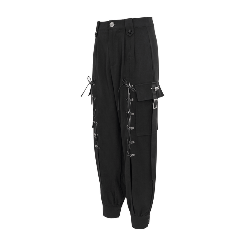 Women's punk jogger pants with big pockets, tied with rope and hollow-out details, perfect for stylish casual wear.