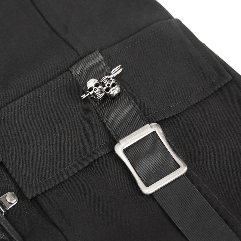 Close-up of punk jogger pants featuring skull buckle detail and big pocket for a trendy look.