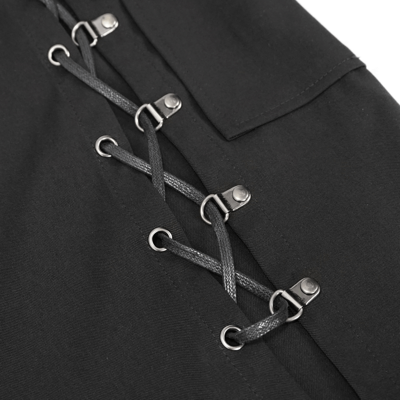 Close-up of black women's jogger pants featuring stylish strappy lacing and big pockets for a punk look.