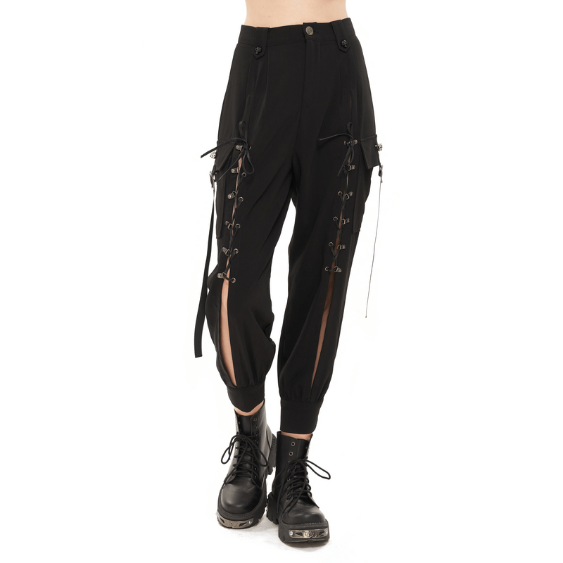 Women's Tied with Rope Hollow-Out Pants / Punk Strappy Big Pockets Jogger Pants