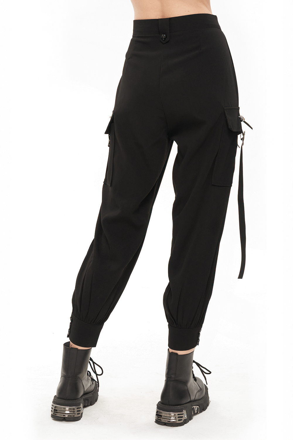 Back view of women's punk jogger pants with big pockets and stylish tie detail, perfect for a trendy look.