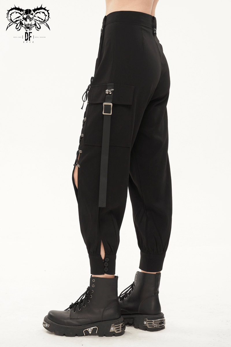 Women's punk jogger pants with big pockets and strappy details, perfect for a trendy, edgy look.