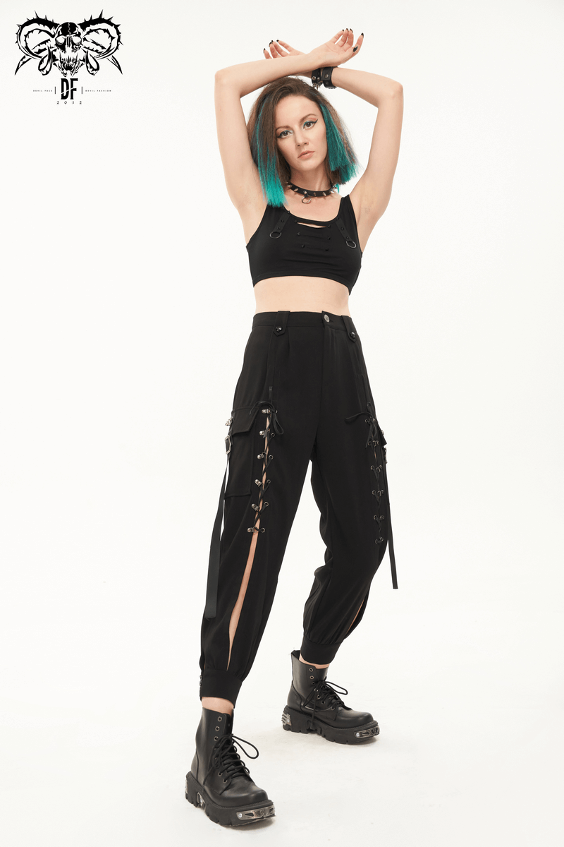 Trendy women's punk jogger pants with big pockets, hollow-out design and stylish lace-up detailing.