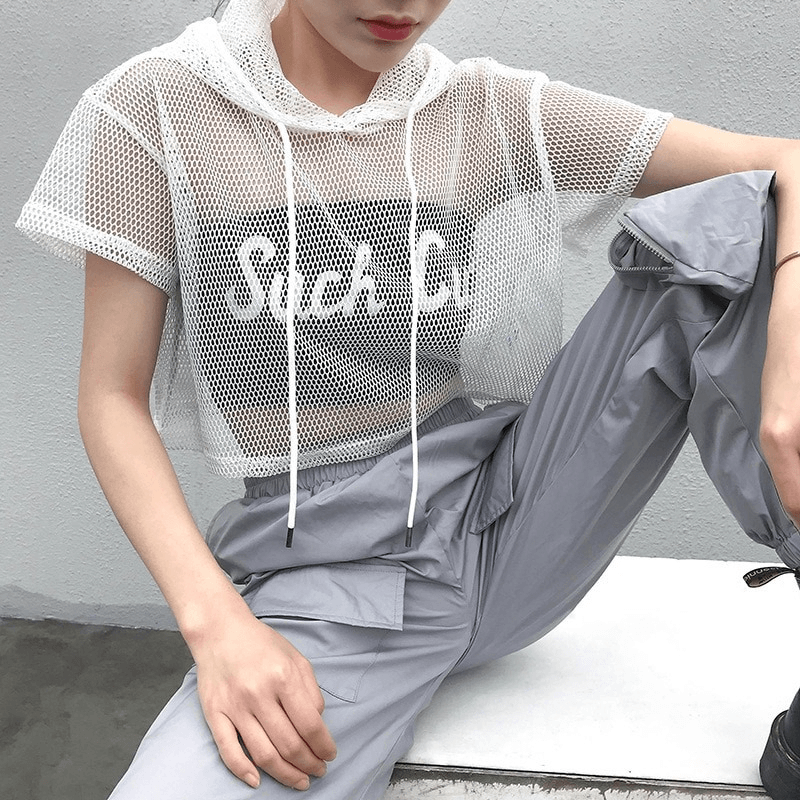 Trendy women's transparent hooded top in black mesh with short sleeves and stylish lettering, perfect for a fashionable look.