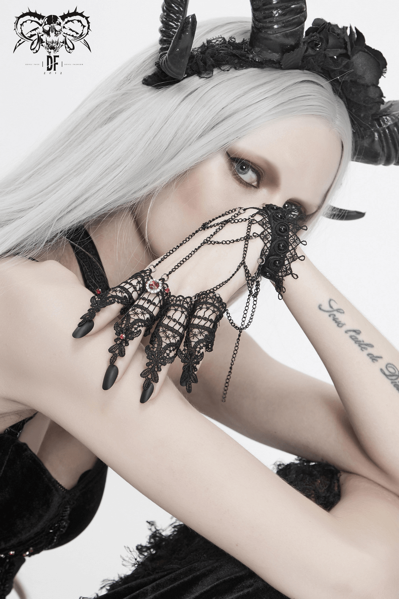 Women's Victorian Gothic Black Lace and Chain Gloves / Alternanive Sexy Accessories for Lady