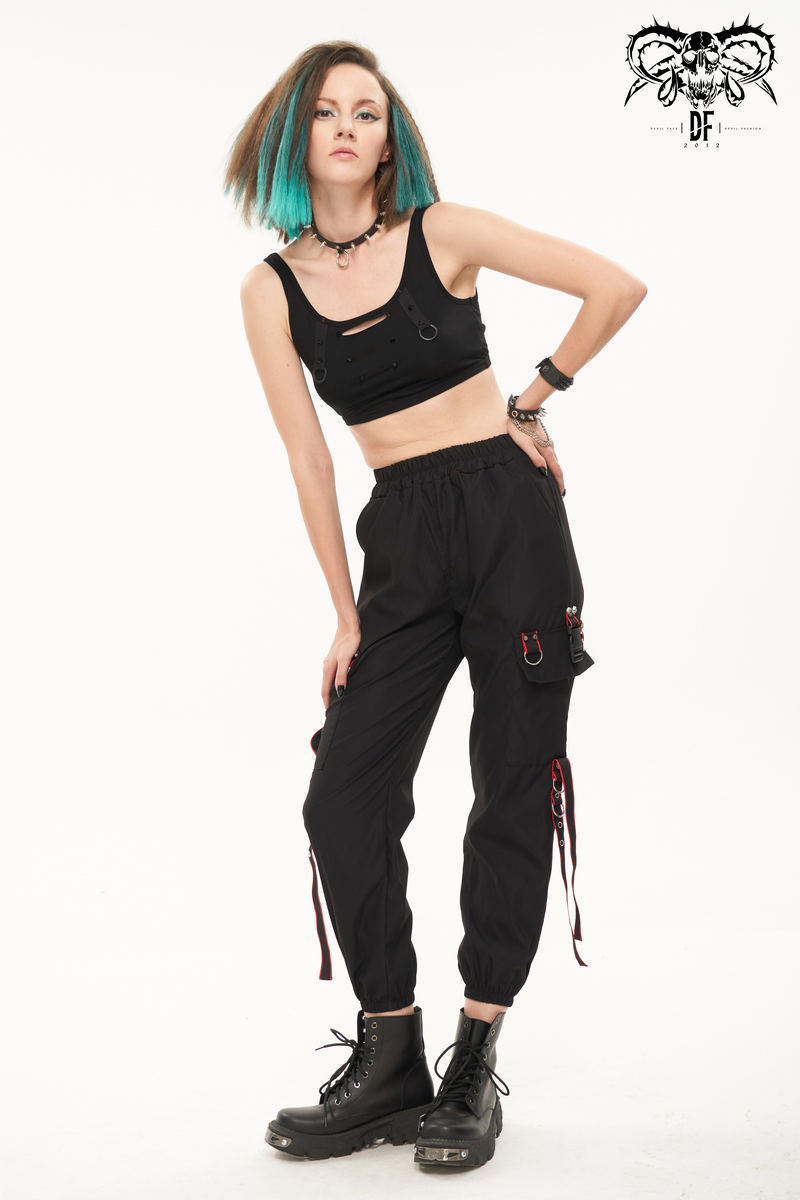 Women's Wide Pants with Red Strips / Punk Elastic Waist Loose Trousers / Alternative Fashion