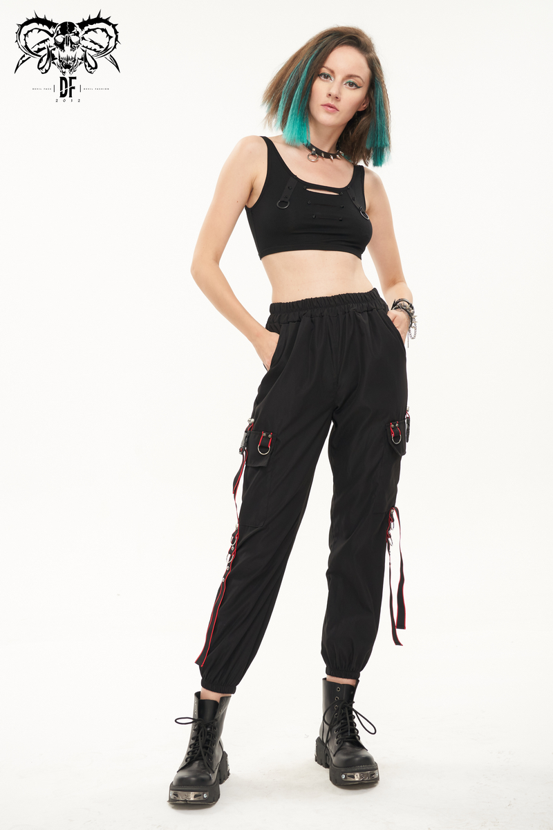Women's Wide Pants with Red Strips / Punk Elastic Waist Loose Trousers / Alternative Fashion