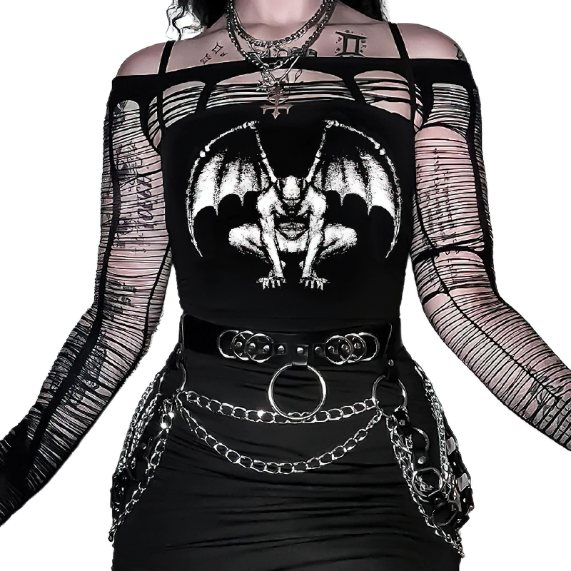 Women Sexy Black Top With Demon Print / Ladies Gothic Streetwear / Rock Style Clothing - HARD'N'HEAVY