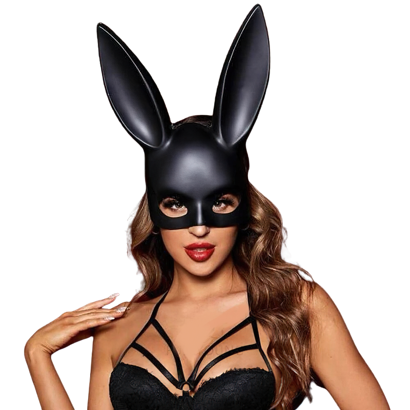 Seductive women's black rabbit mask for cosplay and fetish games, enhancing playful erotic experiences.