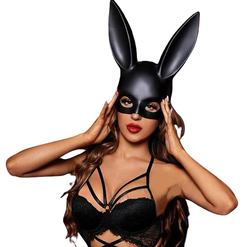 Elegant woman wearing a seductive black rabbit mask, perfect for adult cosplay and fetish games.