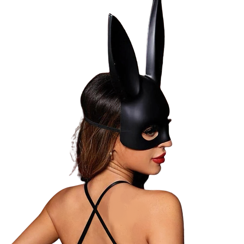 Woman wearing a seductive black rabbit mask, perfect for cosplay and erotic adventures.