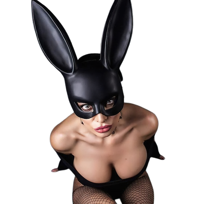Women sexy black rabbit mask for cosplay, perfect for fetish games and intimate play.