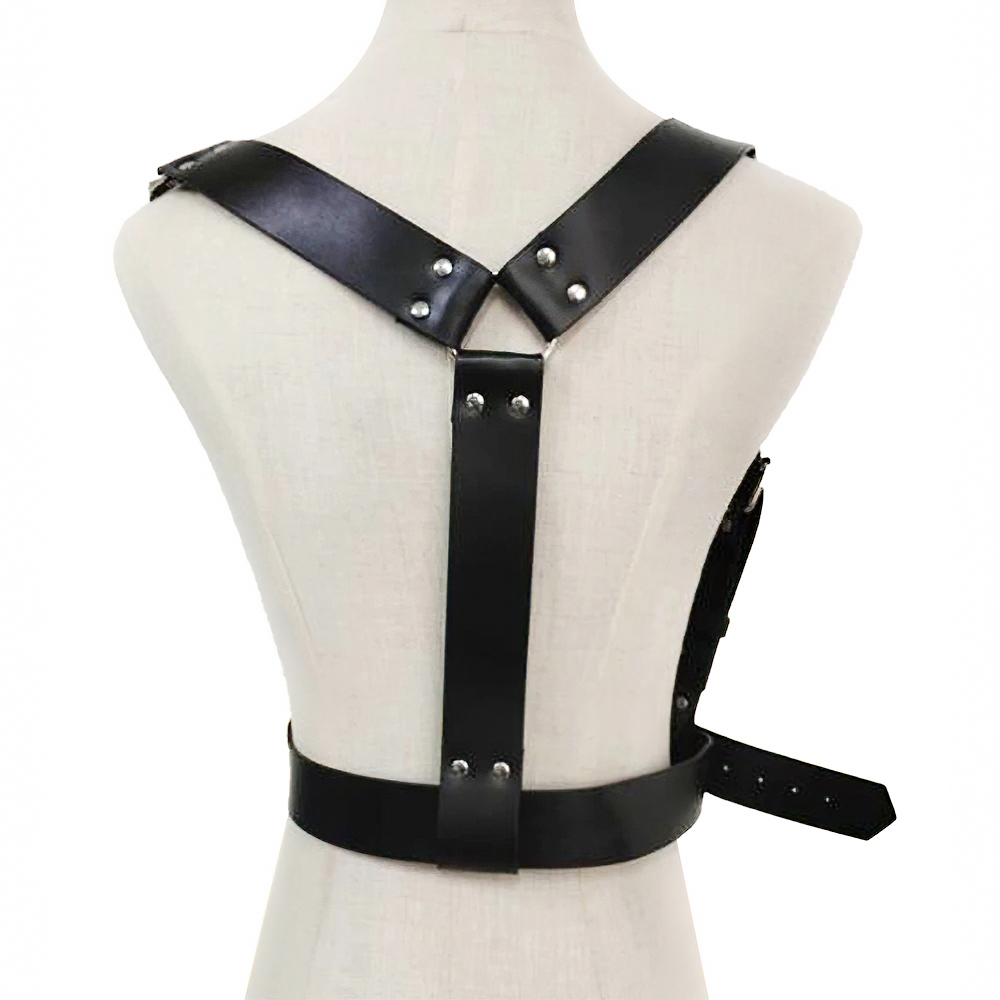 Black faux leather body harness with adjustable buckles, perfect for goth fashion and roleplay cosplay.