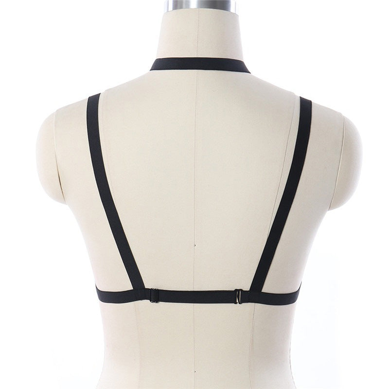Back view of women's sexy bondage bra harness, featuring adjustable black straps and a sleek design for a daring look.