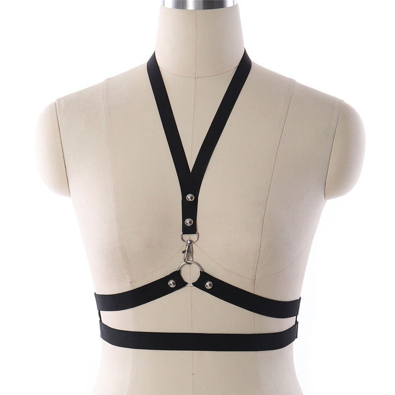 Women's sexy pentagram harness cosplay bra on mannequin, elastic spandex gothic belt for versatile looks.
