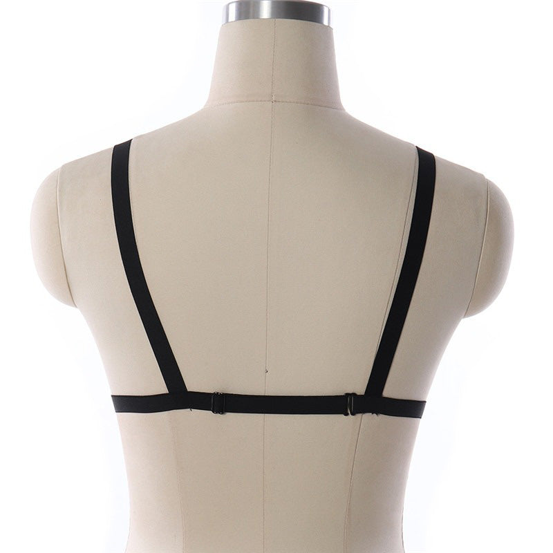 Back view of a women's sexy lingerie bondage pentagram harness, designed with adjustable straps for a perfect fit.