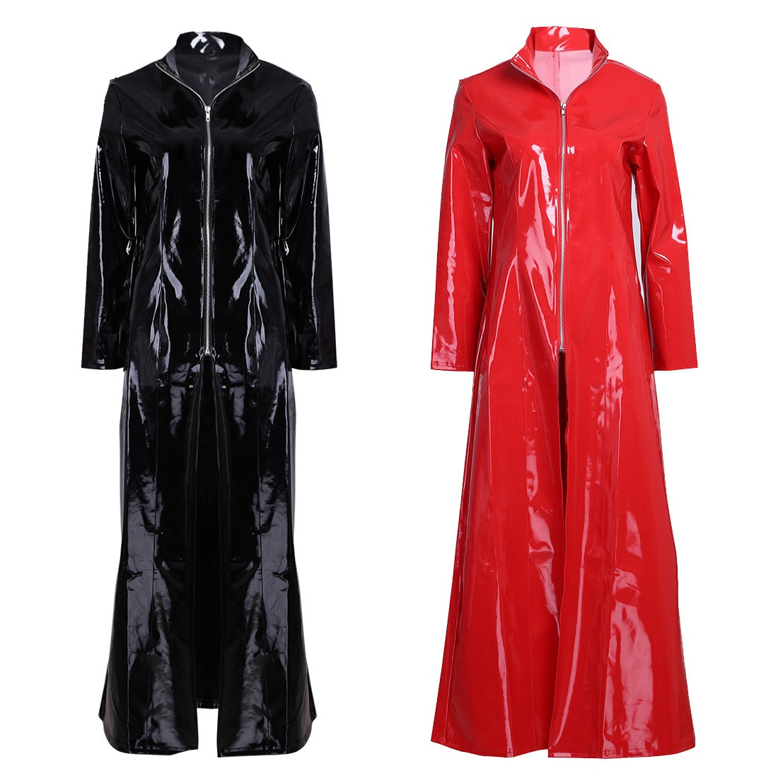 Women sexy PVC leather long sleeve gothic coat in black and red, perfect for a stunning party outfit.