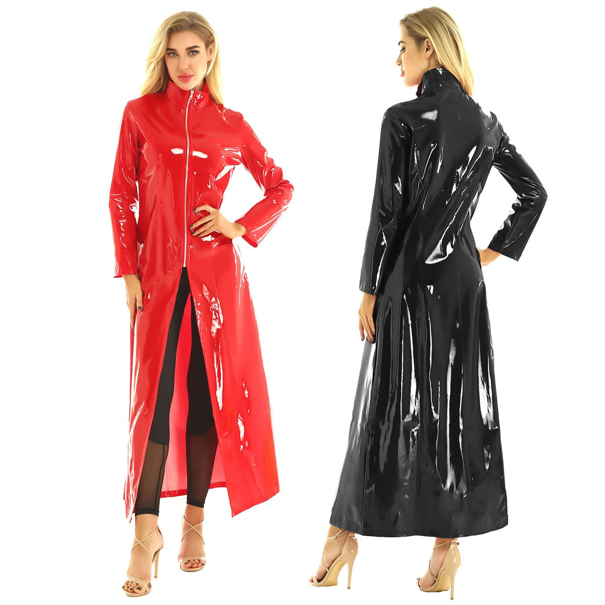 Women wearing sexy PVC leather long sleeve coat in gothic style, available in red and black.