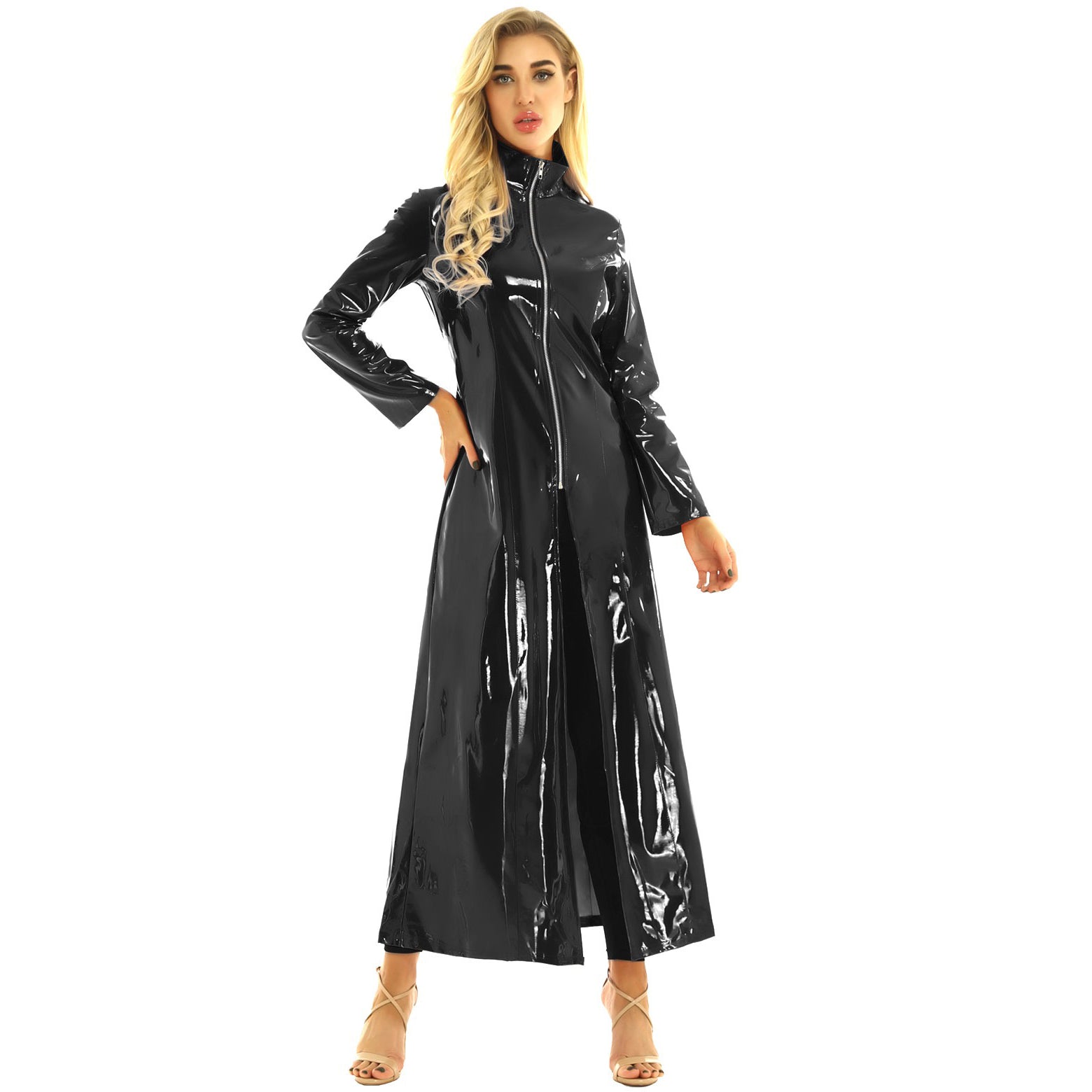 Women wearing a long sleeve black PVC leather coat in gothic style, showcasing a sleek and sexy wetlook design.