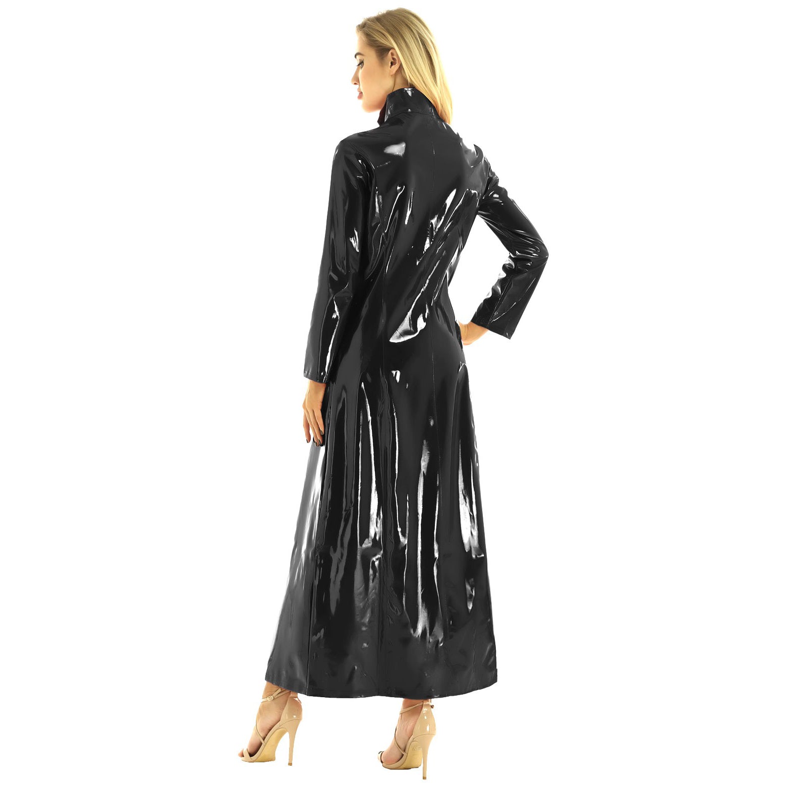 Gorgeous black PVC leather long sleeve coat in gothic style, perfect for a striking party look.
