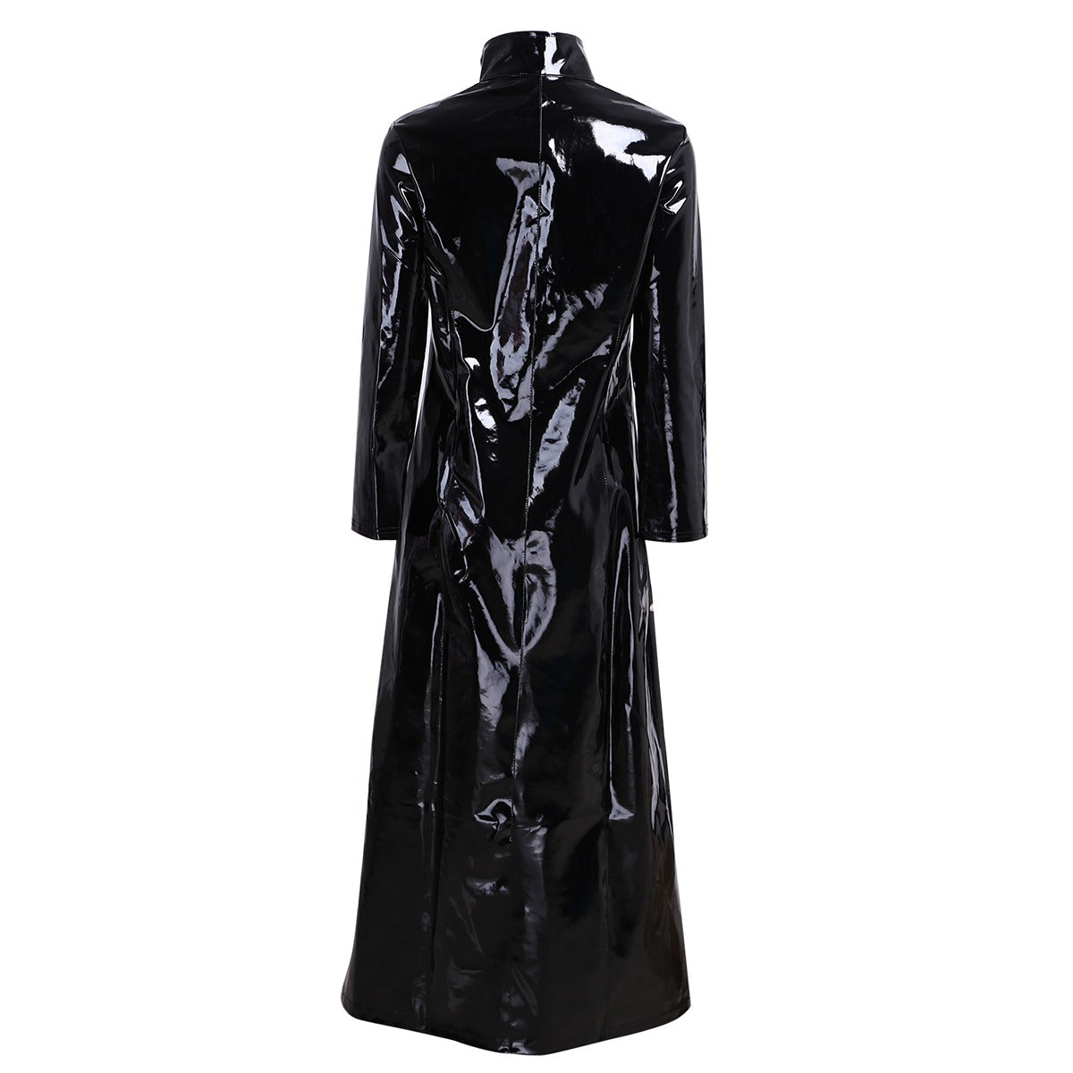 Gothic style long sleeve PVC leather coat in shiny black with a sleek back design for a bold fashion statement.