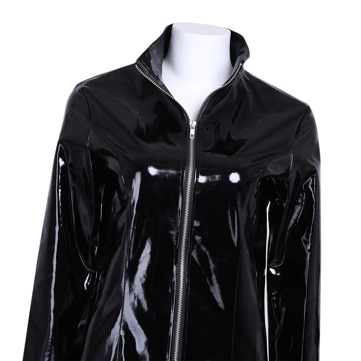 Gothic style women’s long sleeve coat in sleek black PVC leather, perfect for parties and fashion enthusiasts.
