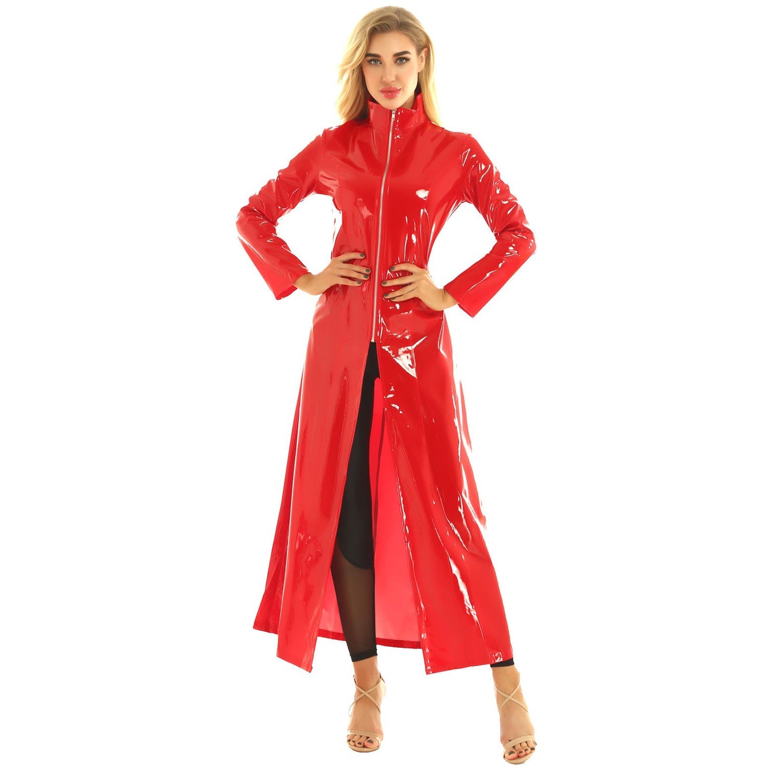 Women in sexy red PVC leather long sleeve coat, showcasing gothic fashion style and wetlook finish.