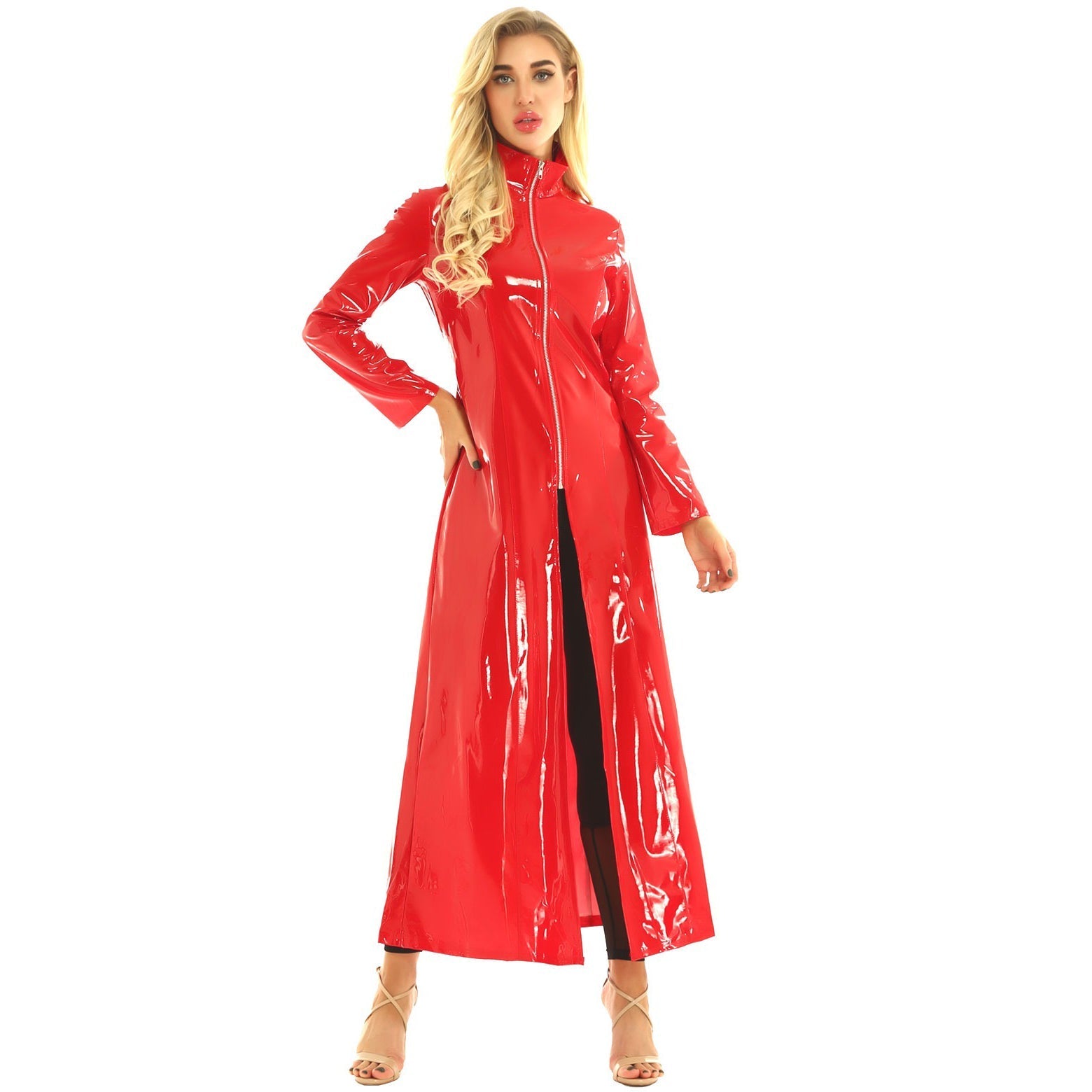 Gorgeous woman in a red PVC leather long sleeve Gothic coat, perfect for parties and fashion-forward styles.
