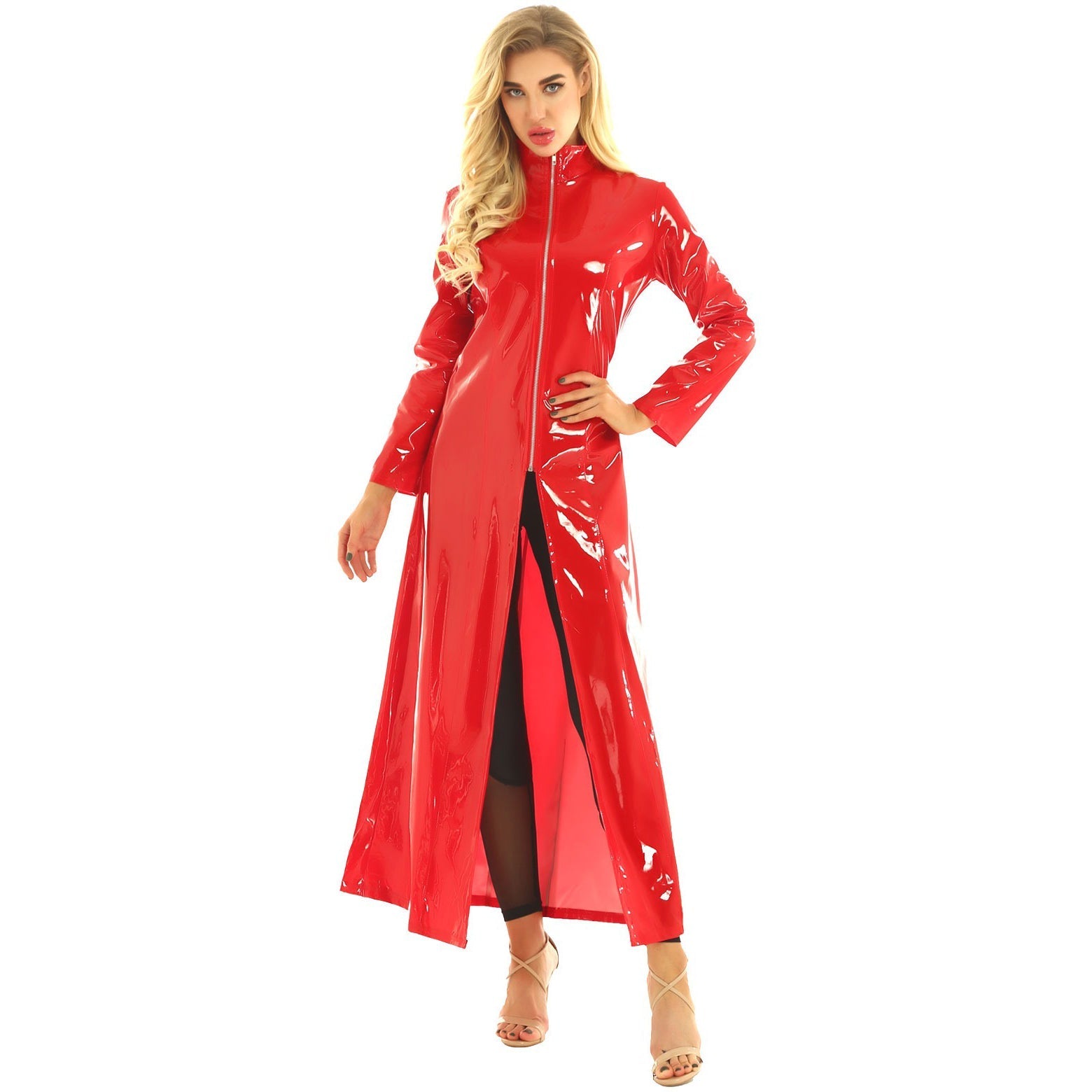 Stunning red PVC leather long sleeve coat in gothic style, perfect for making a bold fashion statement.