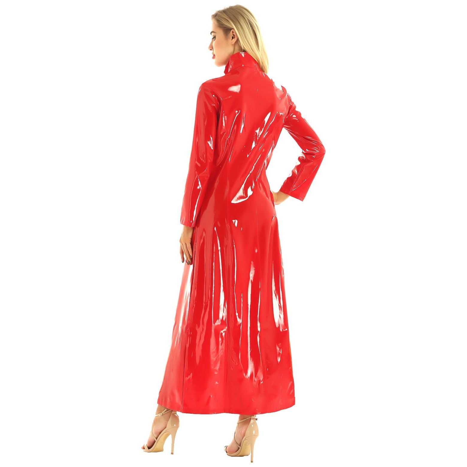 Gothic style red PVC leather long sleeve coat showcasing a shiny wetlook finish, perfect for fashion-forward parties.