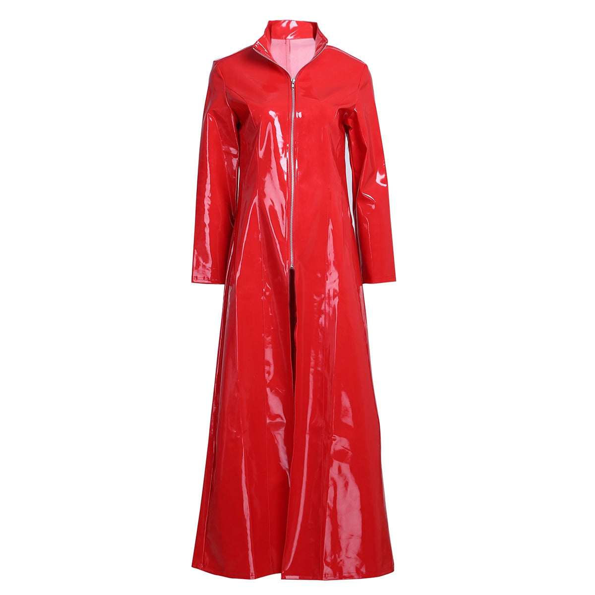 Women Sexy Red PVC Leather Long Sleeve Gothic Coat, perfect for parties and fashion statements, made from durable spandex.