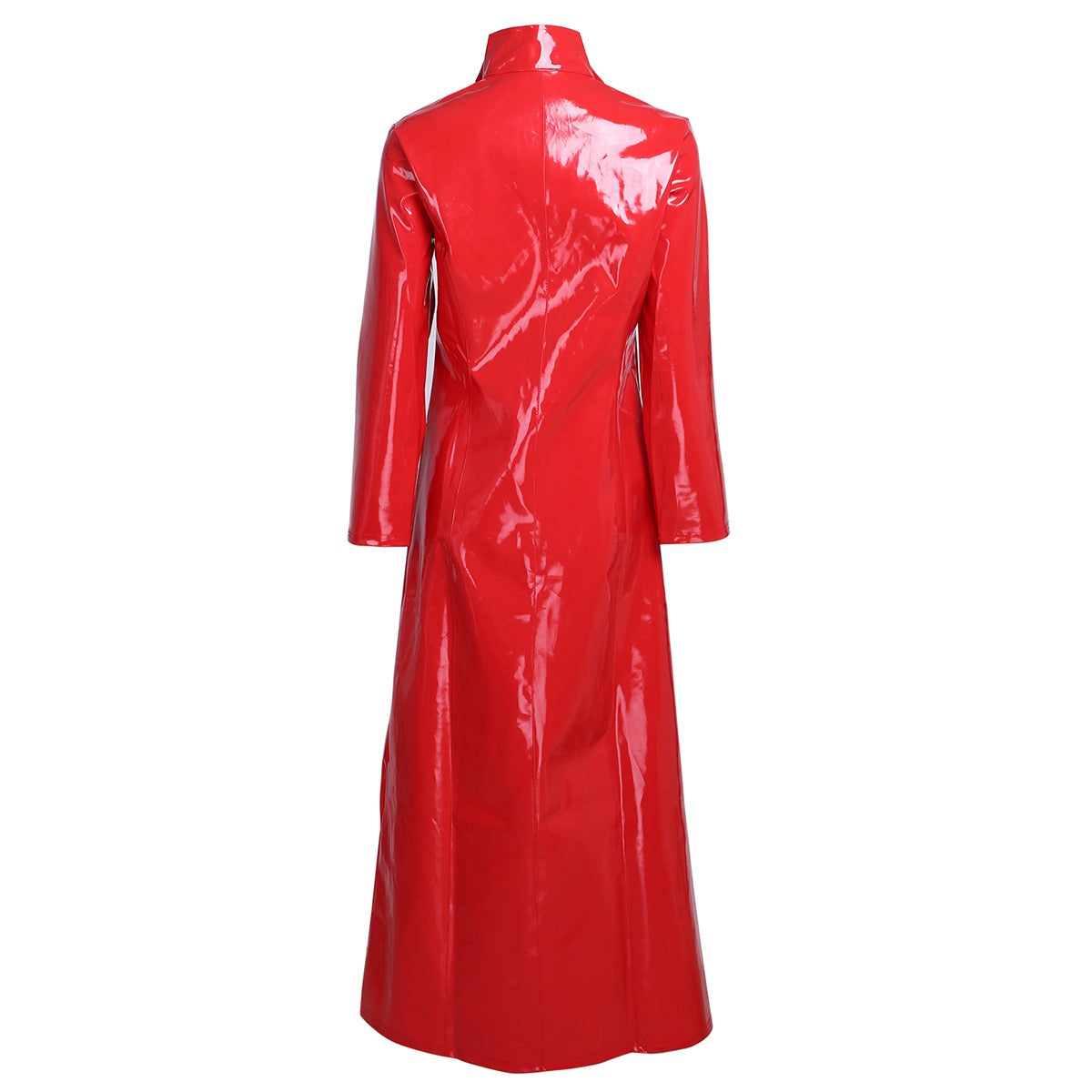 Red PVC leather long sleeve coat in gothic style, showcases a shiny wetlook perfect for fashion-forward outfits.