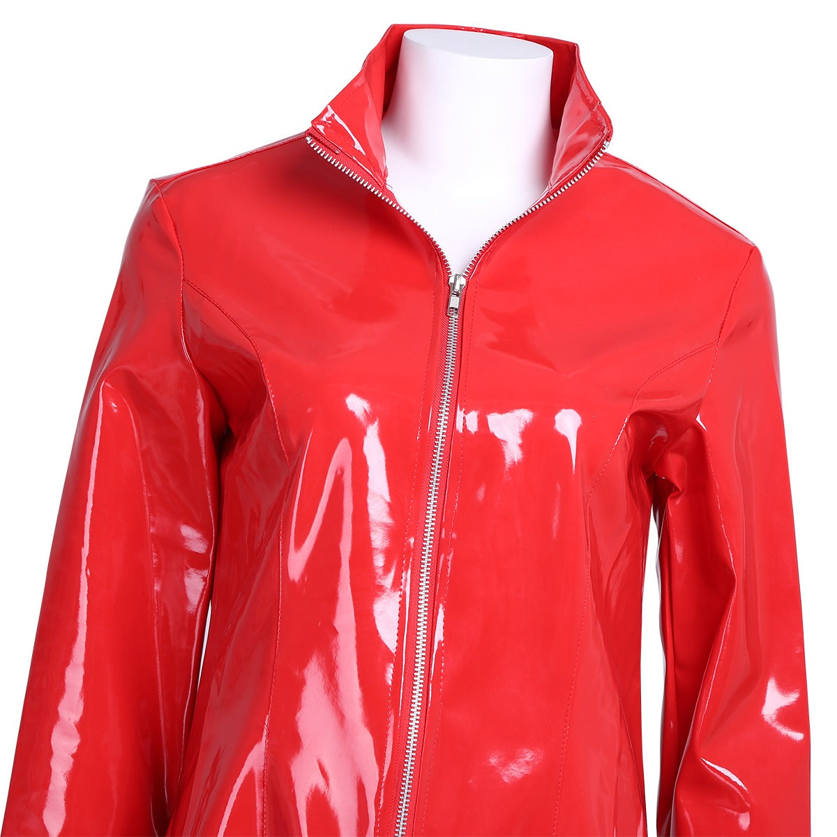 Women sexy red PVC leather long sleeve coat with zipper, perfect for gothic fashion outfits.