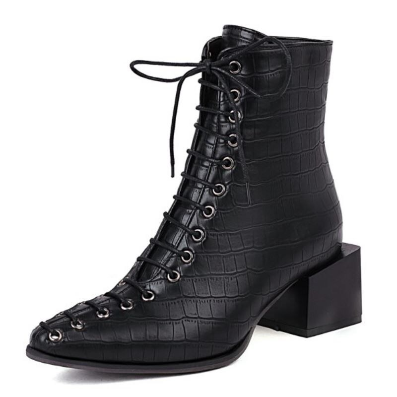 Women Shoes Ankle Boots of Mixed Color on Thick Heels Lace Up / Fashion Female Short Footwear - HARD'N'HEAVY
