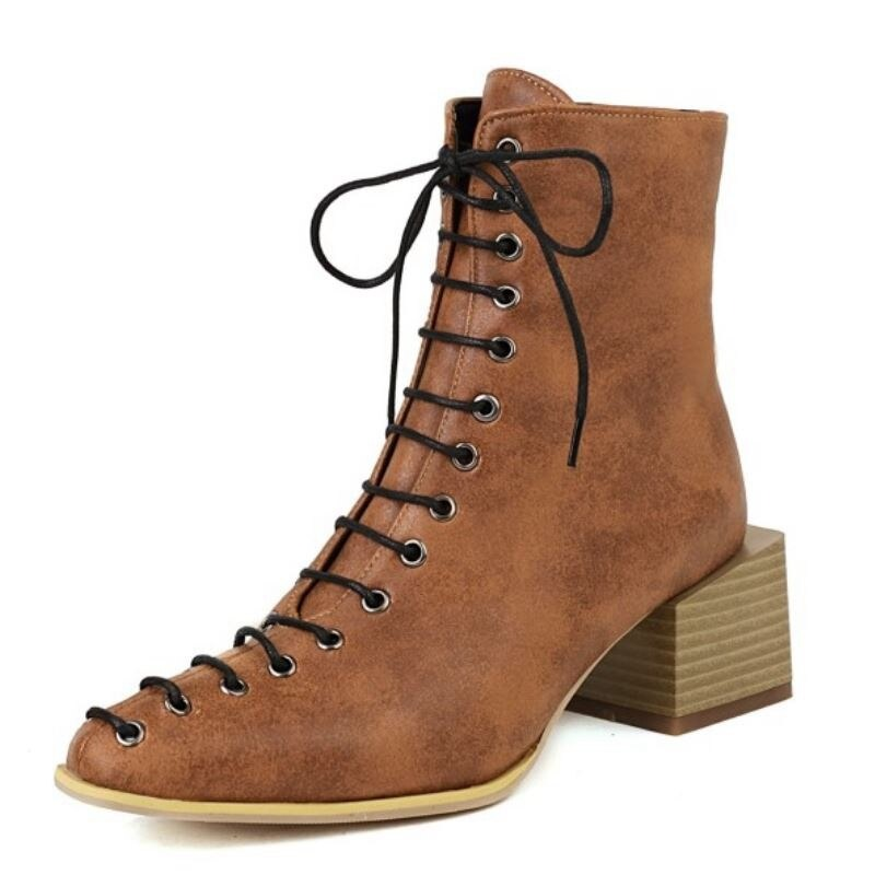 Stylish brown ankle boots for women with lace-up design and thick heels, perfect for fashionable outings.