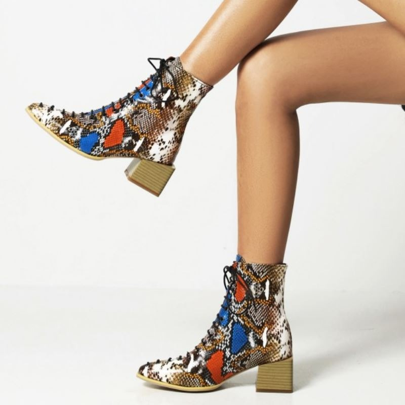 Stylish women ankle boots in mixed colors, featuring lace-up design and chunky heels, perfect for modern fashion.
